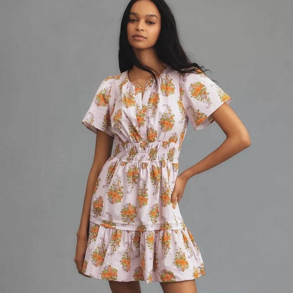 Anthropologie Lavender Pink Floral Mini Dress with Orange Blooms